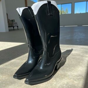 Womens Glossy Pull On Rain Boots Black Cowgirl Rubber Waterproof Non Slip Sz 9